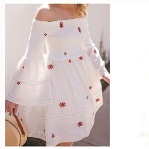 Free People Floral smocked dress daisies white pockets off shoulder bell sleeves